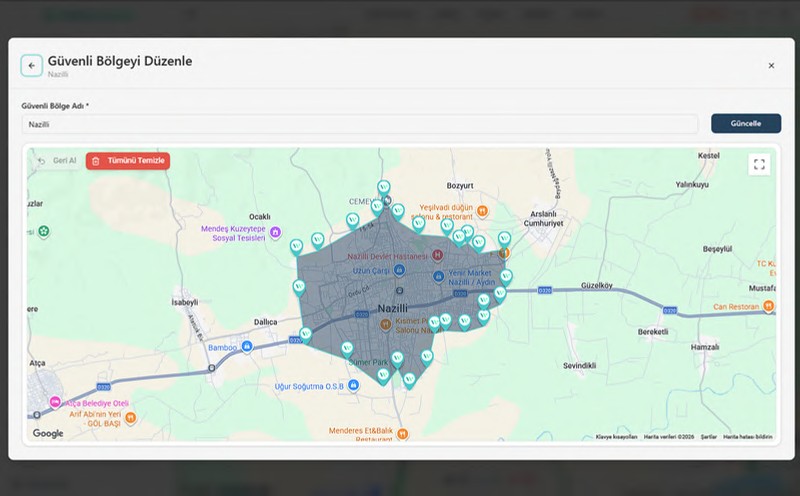 Weaver araç takip web paneli — Bölge tanımlama (geofence)